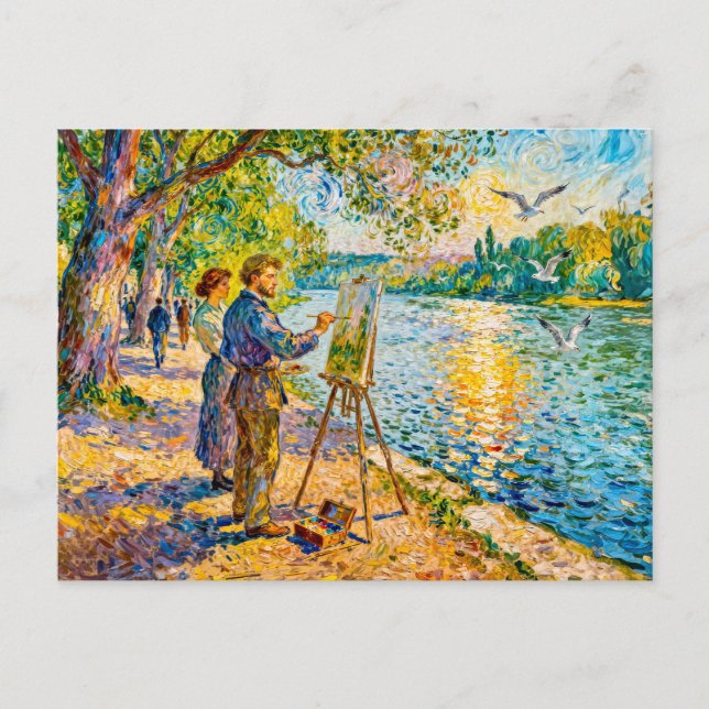 Impressionistischer Flußufer-Maler Szene mit Park  Postkarte (Vorderseite)