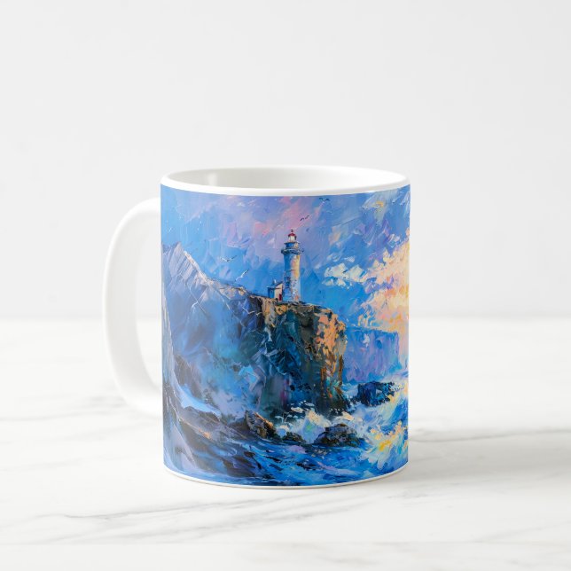 Impressionistischer Leuchtturm am Meer – Küstenkun Kaffeetasse (Vorderseite Links)