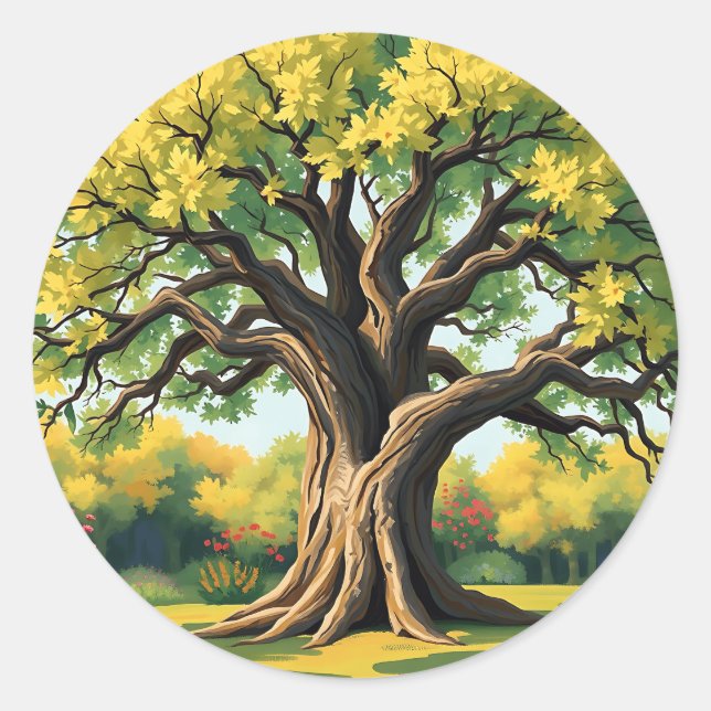 Impressionistisches Altes Eichenbaum Kunst Runder Aufkleber (Vorderseite)