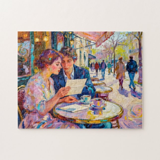 Impressionistisches Café-Paar liest und debattiert Puzzle (Horizontal)
