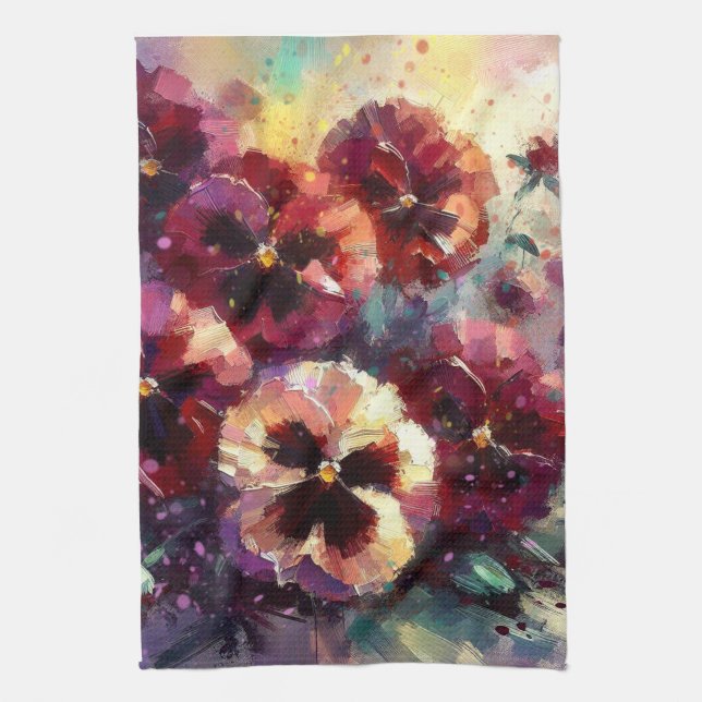 Impressionistisches Maroon Stiefmütterchen Blumeng Geschirrtuch (Vertikal)