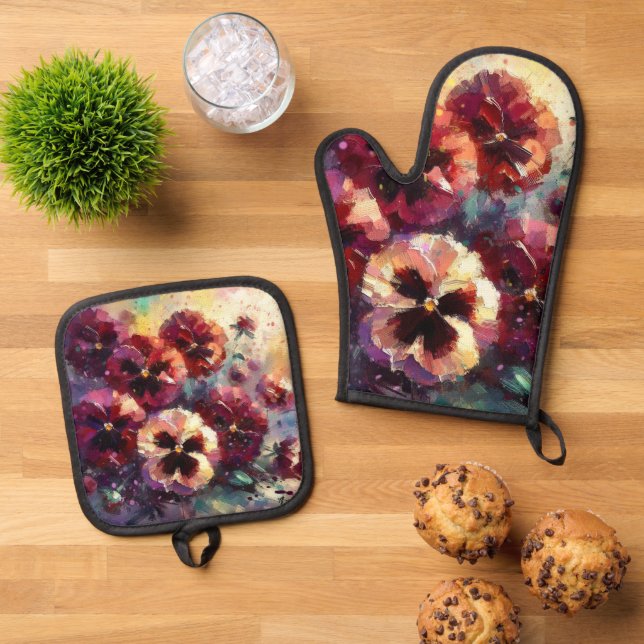 Impressionistisches Maroon Stiefmütterchen Blumeng Ofenhandschuh & Topflappen-Set (Oben Unten)