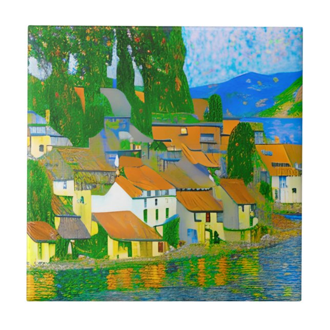 Impressionistisches Mittelmeer-Dorf am Meer  Fliese (Vorderseite)