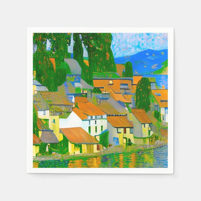Impressionistisches Mittelmeer-Dorf am Meer   Serviette (Vorderseite)