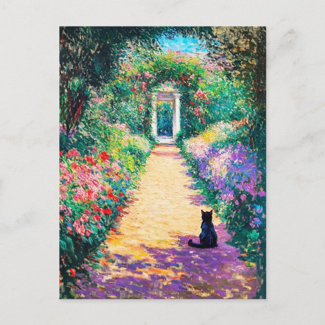 Impressionistisches Ölgemälde der Katze auf Blume Postkarte (Vorderseite)
