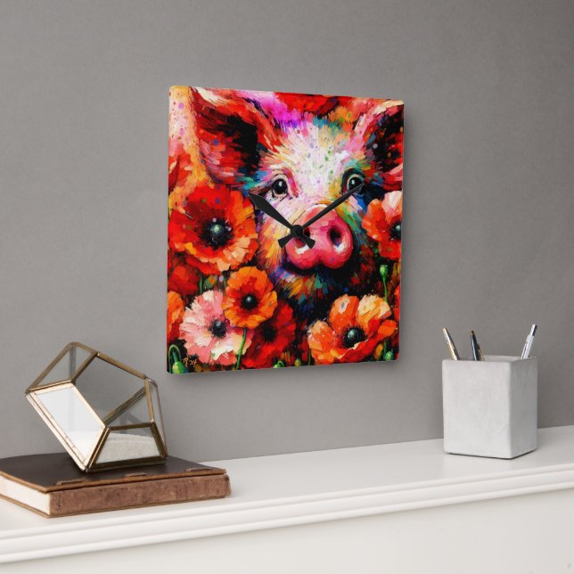 Impressionistisches Schweinefieber in Roter Mohn-B Quadratische Wanduhr (Büro)