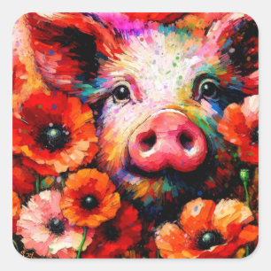 Impressionistisches Schweinefieber in Roter Mohn-B Quadratischer Aufkleber
