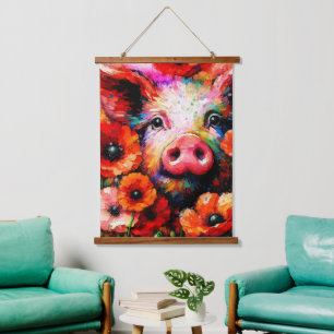 Impressionistisches Schweinefieber in Roter Mohn-B Wandteppich Mit Holzrahmen