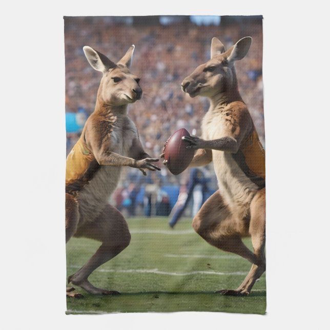 "In Aktion: Kangaroos spielt Aussie-Regeln Geschirrtuch (Vertikal)