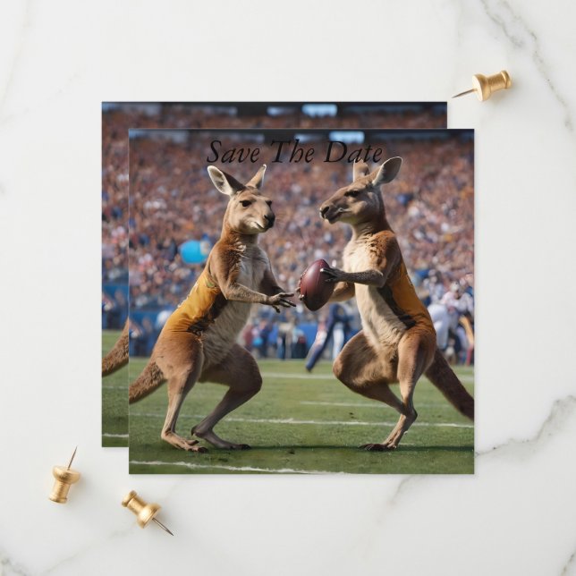 "In Aktion: Kangaroos spielt Aussie-Regeln Save The Date (Vorderseite/Rückseite Beispiel)