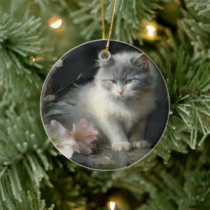 in Begleitung von Blume, graue und weiße Kätzchen Keramik Ornament