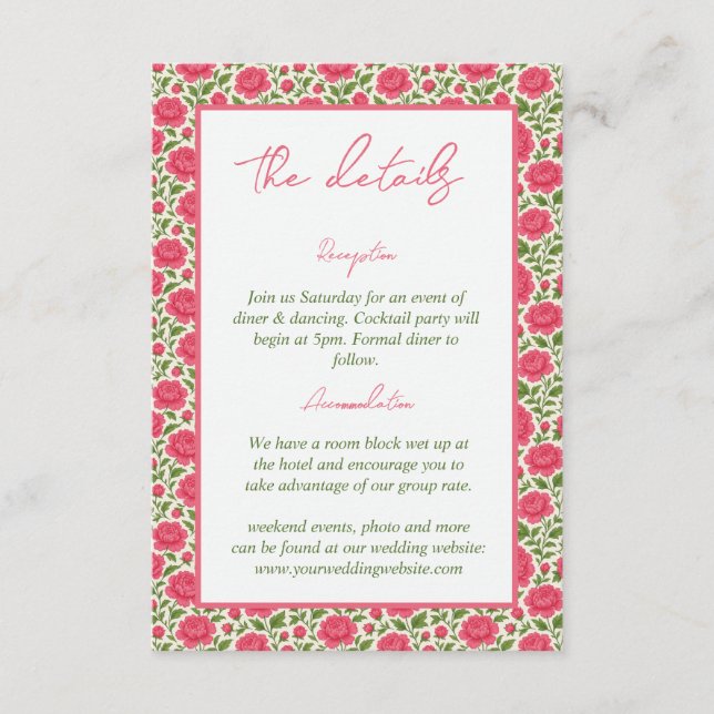 In Bloom Pink Peony florale Hochzeiten Details Begleitkarte (Vorderseite)