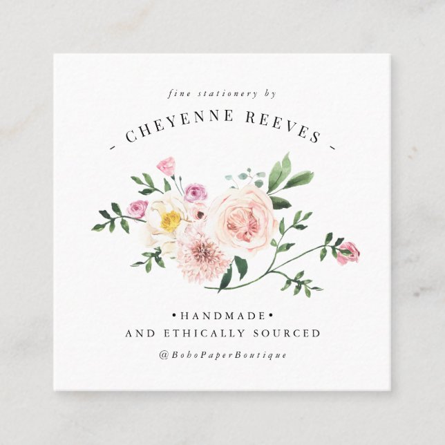 In Bloom | Vintages Blütenlogo Quadratische Visitenkarte (Vorderseite)