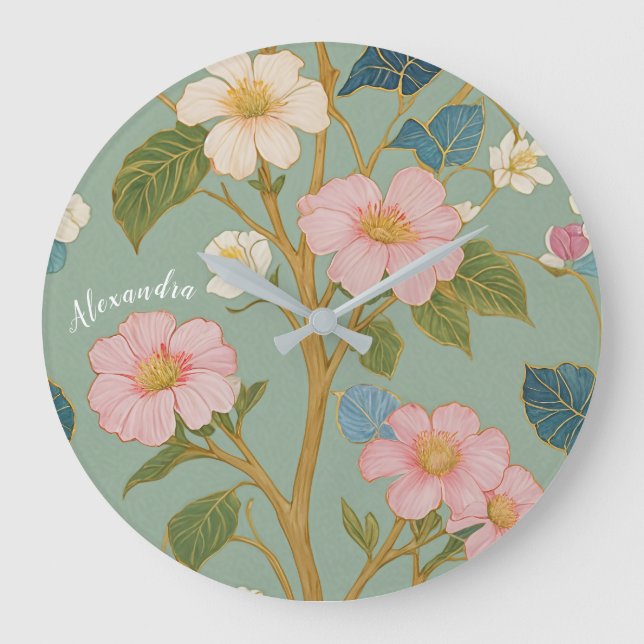 In Blossom: Pastelzweig mit rosa Blume Große Wanduhr (Vorderseite)