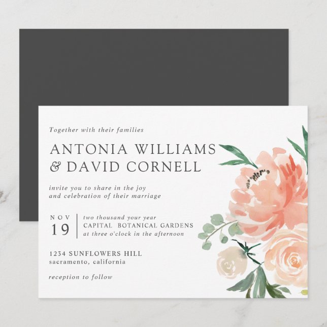 In Blüte | Chic Botanical Pink Floral weded Inv Einladung (Vorne/Hinten)