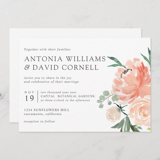 In Blüte | Chic Botanical Pink Floral weded Inv Einladung (Vorne/Hinten)