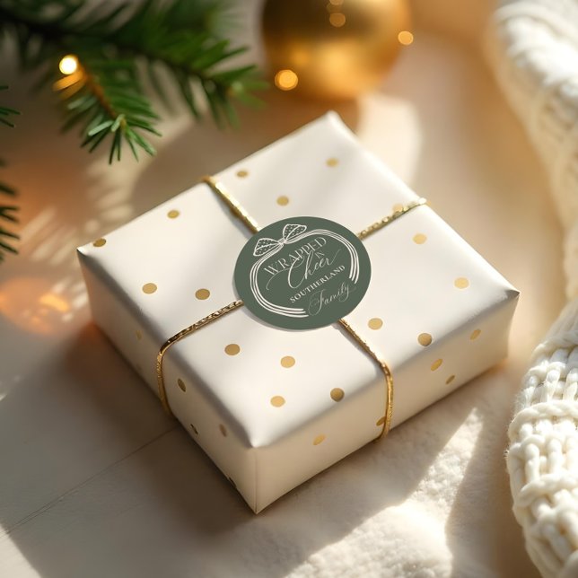 In Cheer Elegant Polka Dot Weihnachtsbow umwickelt Runder Aufkleber (Wrapped In Cheer Elegant Polka Dot Christmas Bow Classic Round Sticker)