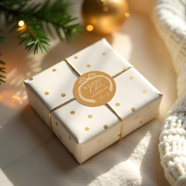 In Cheer Elegant Polka Dot Weihnachtsbow umwickelt Runder Aufkleber (Wrapped In Cheer Elegant Polka Dot Christmas Bow Classic Round Sticker)