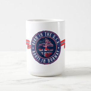 "In den USA geboren · Wurzeln in Norwegen" in Blau Kaffeetasse