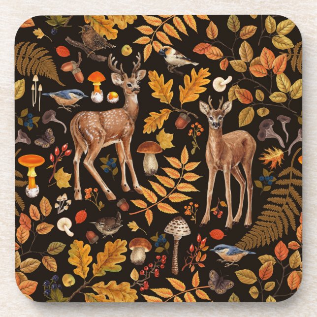 In den Wald/Herbst Hirsche auf schwarz Getränkeuntersetzer (Vorderseite)