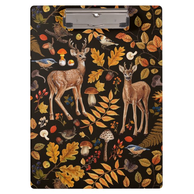 In den Wald/Herbst Hirsche auf schwarz Klemmbrett (Vorderseite)