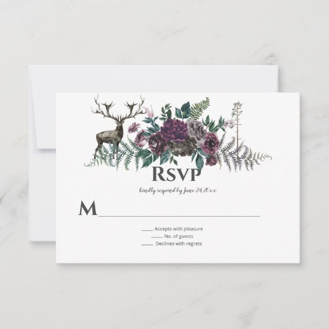 In den wilden rustikalen Burgund Gray Floral Stag RSVP Karte (Vorderseite)