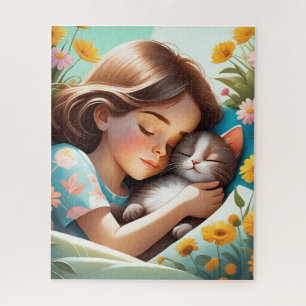 In der Illustration werden Mädchen und ihre Katze  Puzzle