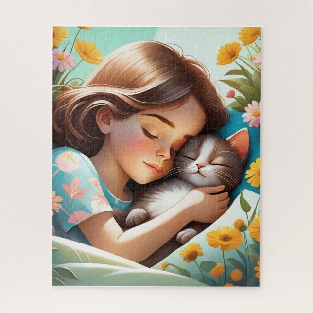 In der Illustration werden Mädchen und ihre Katze  Puzzle (Vertikal)