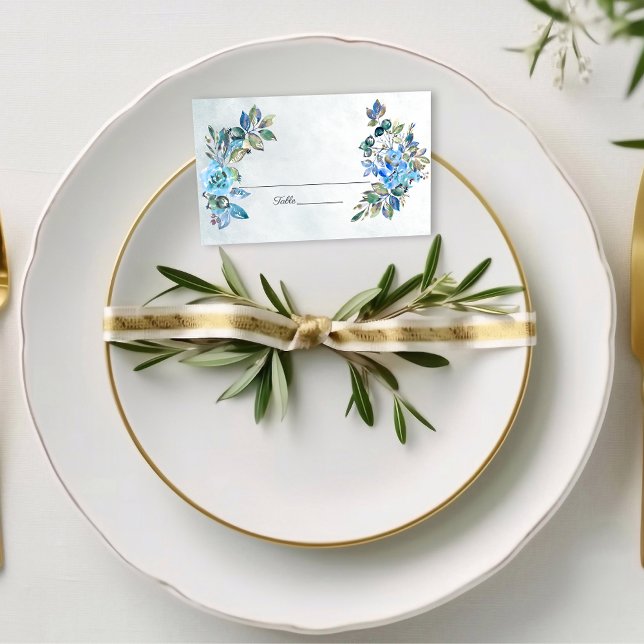 In der Liebe Watercolor Blue Floral Wedding Platzkarte (Von Creator hochgeladen)