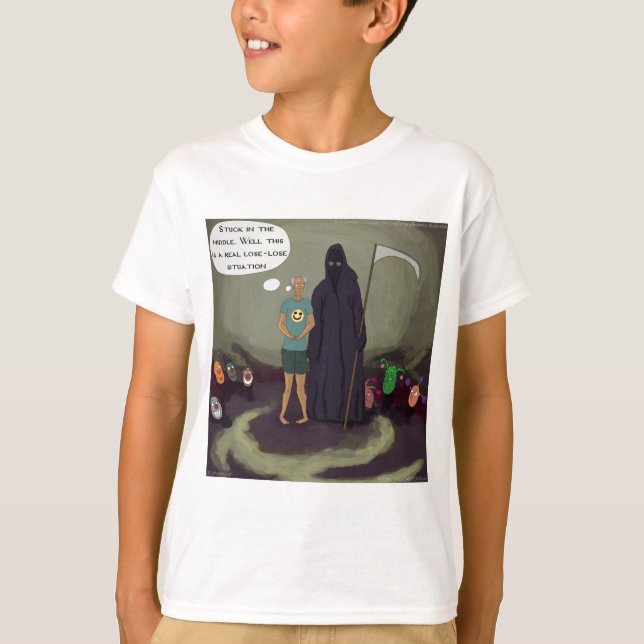 In der Mitte W/Grim Sensenmann Funny gefangen T-Shirt (Vorderseite)