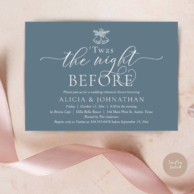 In der Nacht davor war das Abendessen Hochzeit Pro Einladung (The Night Before, Twas Wedding Rehearsal Dinner Party Invites Card mistletoe wedding bell dusty Blue)