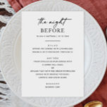 In der Nacht zuvor. Einfaches Hochzeitsessen Probe Menükarte<br><div class="desc">"The night before" Schwarz-Weiß schlichte minimalistische Hochzeitsmenü Probe Dinner Menü. Bitte kontaktieren Sie mich,  wenn Sie weitere Informationen benötigen.</div>