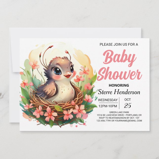 In die Woods Elegant Woodland Bird Baby Dusche Einladung (Vorderseite)