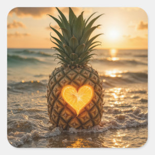 In eine Ananas geschnitztes Herz an einem Strand Quadratischer Aufkleber