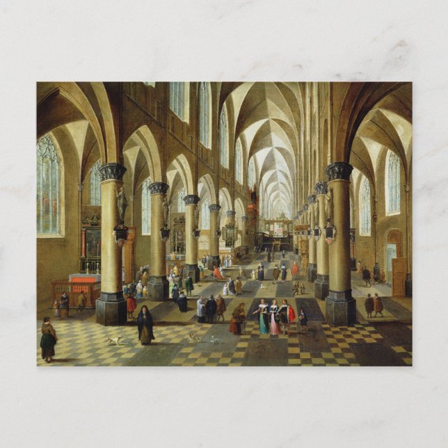In einem kirchlichen Innern versammelte Figuren Postkarte (Vorderseite)