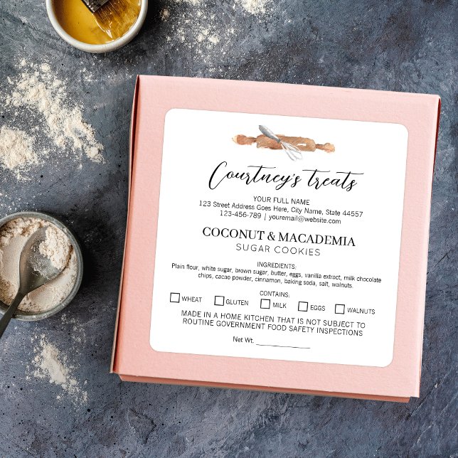 In einer Zuhause Küche Zutaten Aquarellkunst gemac Quadratischer Aufkleber (Minimal made in a home kitchen food stickers with watercolor bakery art)