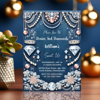 in elegantes Gem Bling Denim und Diamonds Sweet 16 Einladung