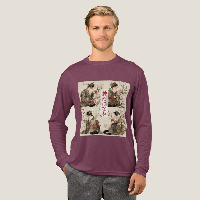 "In Full Bloom" Japanese Cat in Kimono Art Tri-Blend Shirt (Volle Vorderseite)
