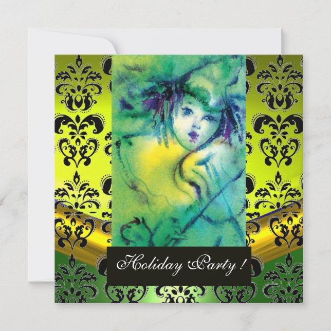 IN GRÜNEM, GELB, SCHWARZEN DAMASK-MONOGRAMM-SPIEL  EINLADUNG (Vorderseite)