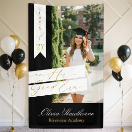 In Her Grad Era Elegant Photo Graduation Party Banner