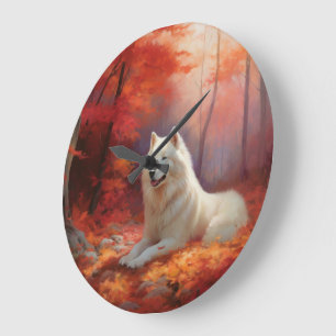 In Herbstleaves Inspiriert Samoyed Große Wanduhr