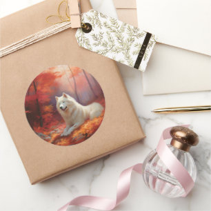 In Herbstleaves Inspiriert Samoyed Runder Aufkleber