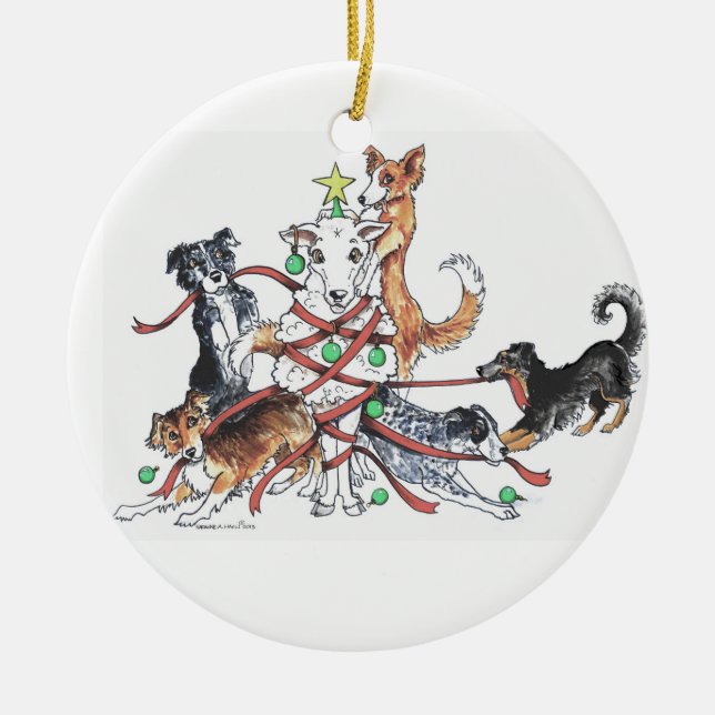 In Herden leben der Hundweihnachtsverzierung Keramikornament (Vorne)