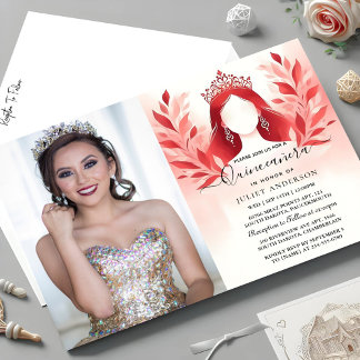 In Hot Pink Crown Tiara Black Lace Red Quinceanera Einladung