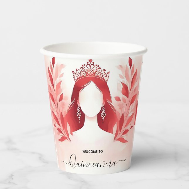 In Hot Pink Crown Tiara Black Lace Red Quinceanera Pappbecher (Vorderseite)