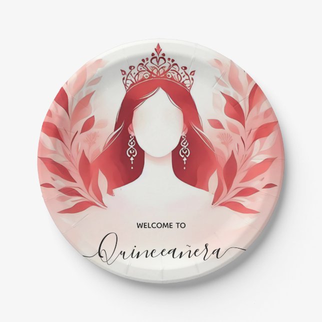 In Hot Pink Crown Tiara Black Lace Red Quinceanera Pappteller (Vorderseite)