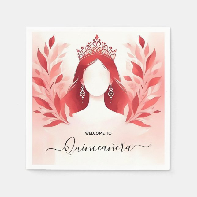 In Hot Pink Crown Tiara Black Lace Red Quinceanera Serviette (Vorderseite)