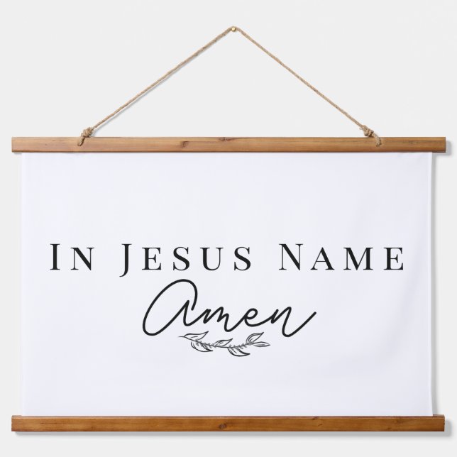In Jesus Name Amen Biete Zitat Holz Scroll Wandteppich Mit Holzrahmen (Vorne)