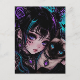In Kontakt bleiben   Anime-Mädchen und Katze Postkarte