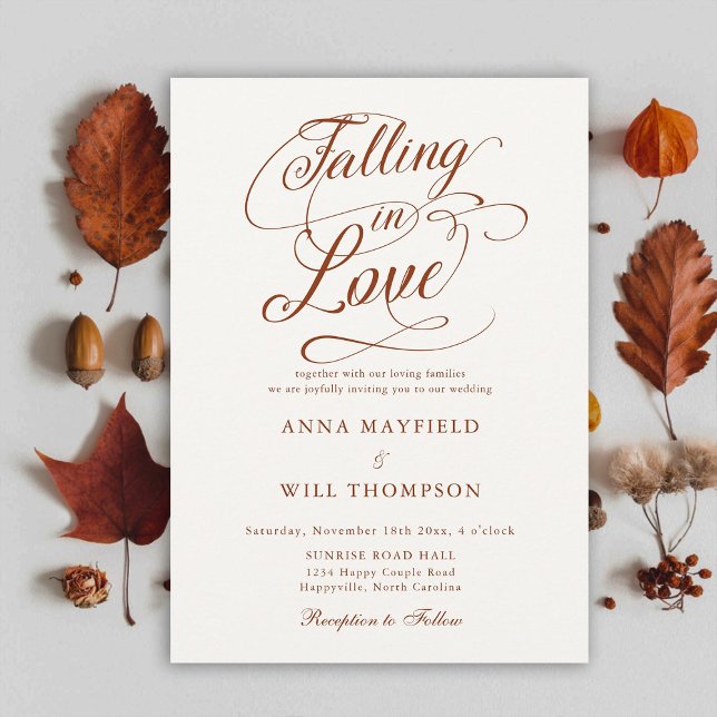 In Liebe Boho Romantische Kalligraphie Hochzeit fa Einladung (falling in love wedding invitation terracotta romantic calligraphy elegant boho modern classic chic)